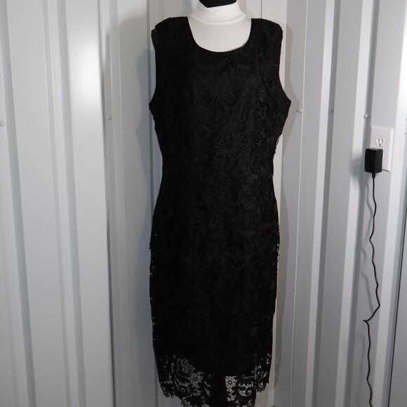 J. Peterman Women's Black Lace Midi Cocktail Sheath Dress Size 14 Lined EUC - Picture 1 of 9